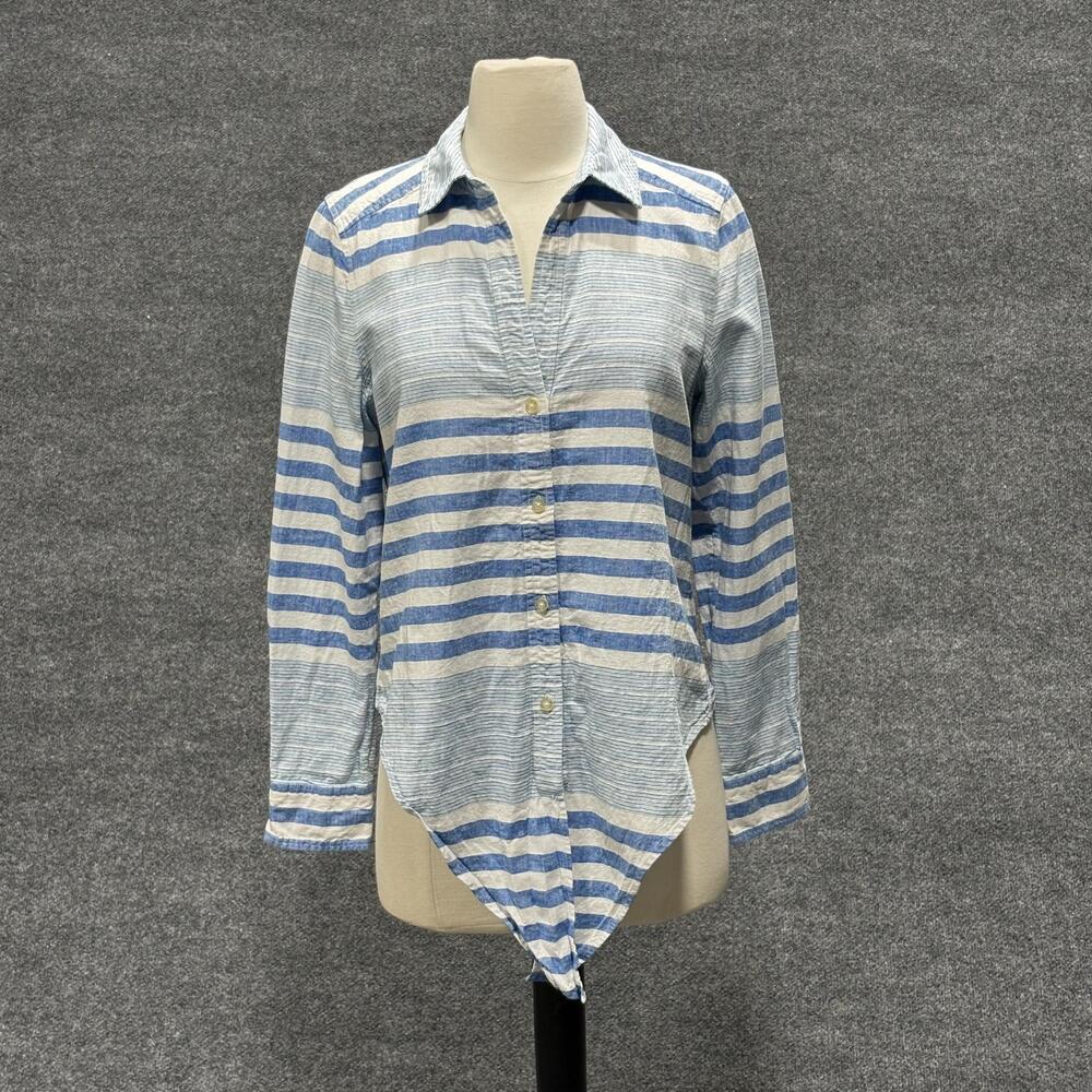 Vineyard Vines Shirt Womens 6 Blue White Striped Button Down Linen Tie Front Top
